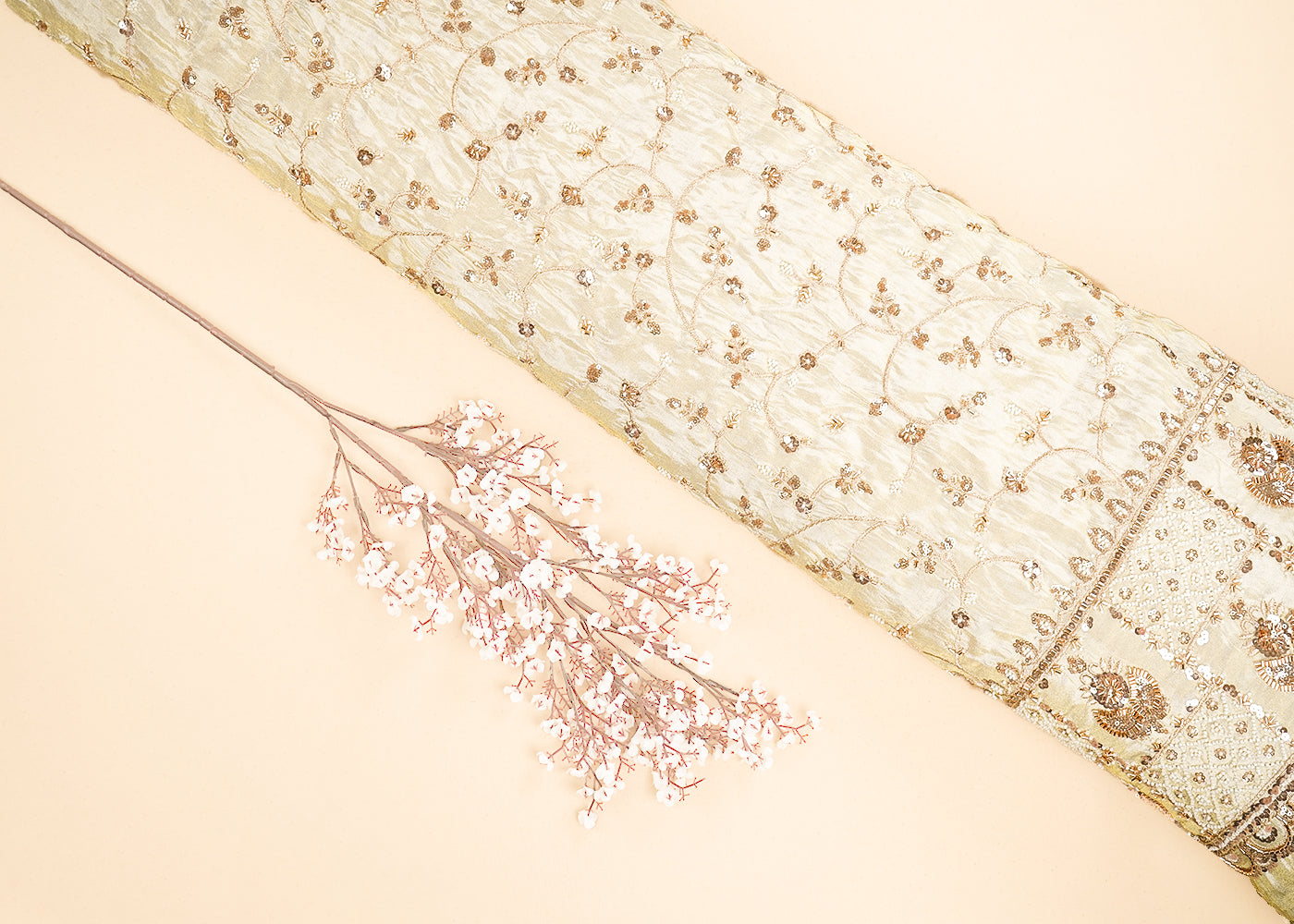 Golden Tissue Fabric With All Over Zari, Sequins, Katdana And Bead Work With One Side Border 19939