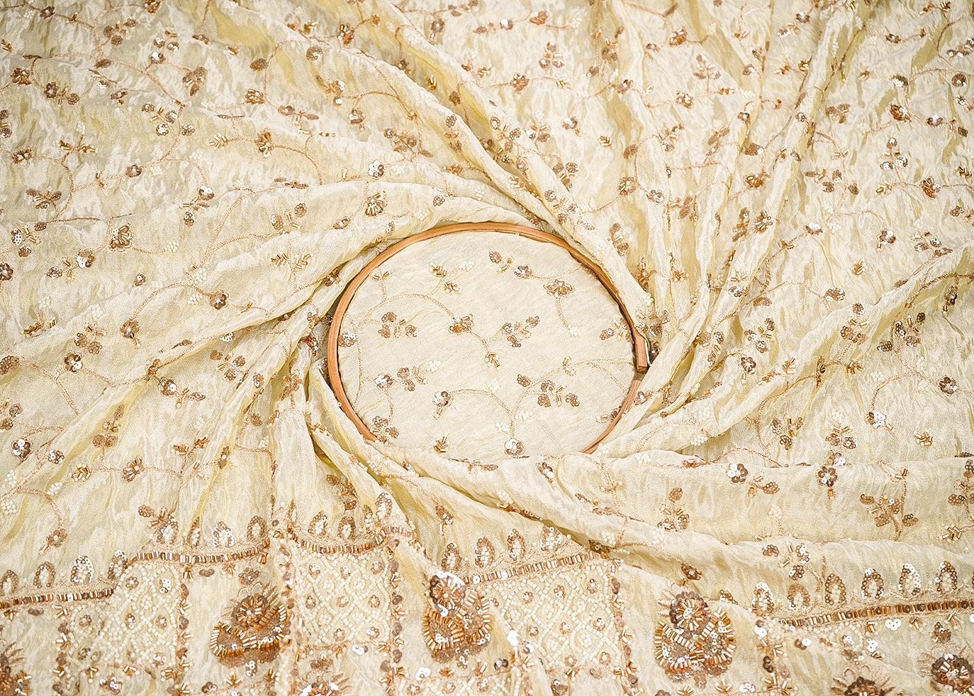 Golden Tissue Fabric With All Over Zari, Sequins, Katdana And Bead Work With One Side Border 19939