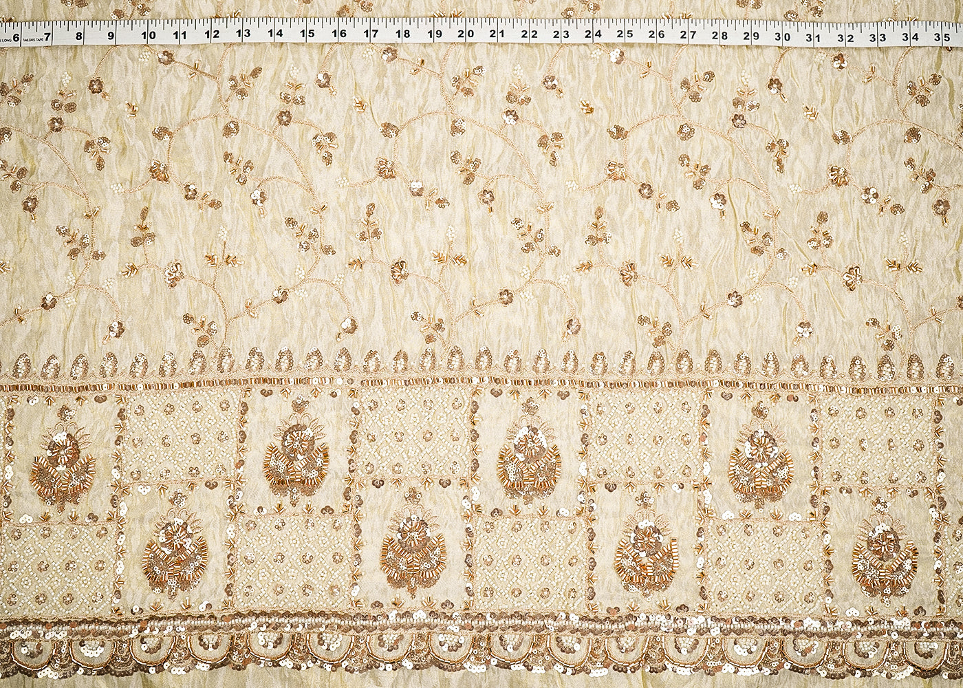 Golden Tissue Fabric With All Over Zari, Sequins, Katdana And Bead Work With One Side Border 19939