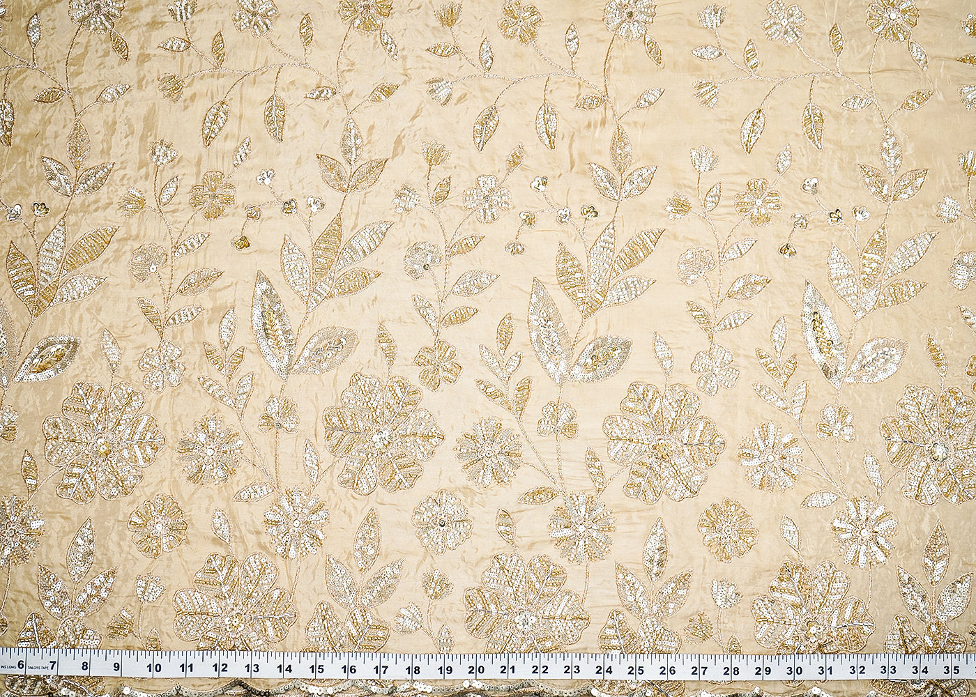 Cream Crepe Fabric With All Over Sequins, Bead And Zari With One Side Scalloped Border 19946