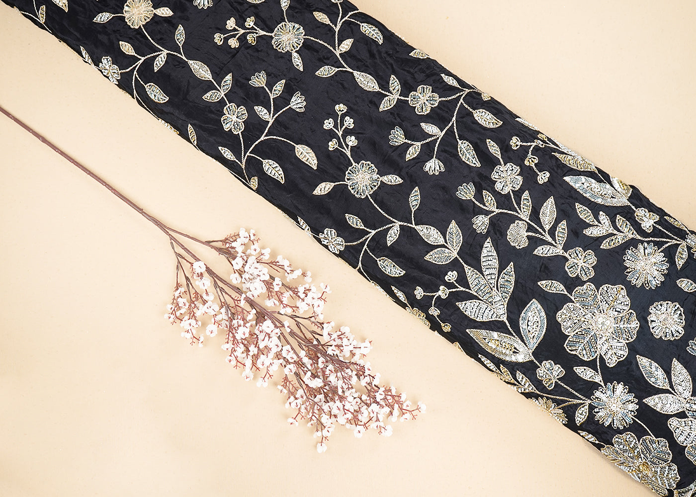 Black Crepe Fabric With All Over Sequins, Bead And Zari With One Side Scalloped Border 19947