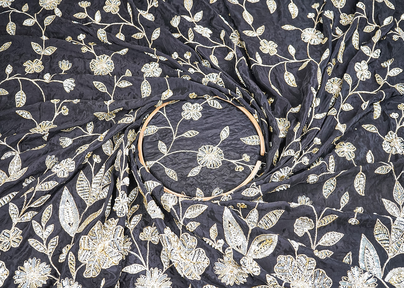 Black Crepe Fabric With All Over Sequins, Bead And Zari With One Side Scalloped Border 19947