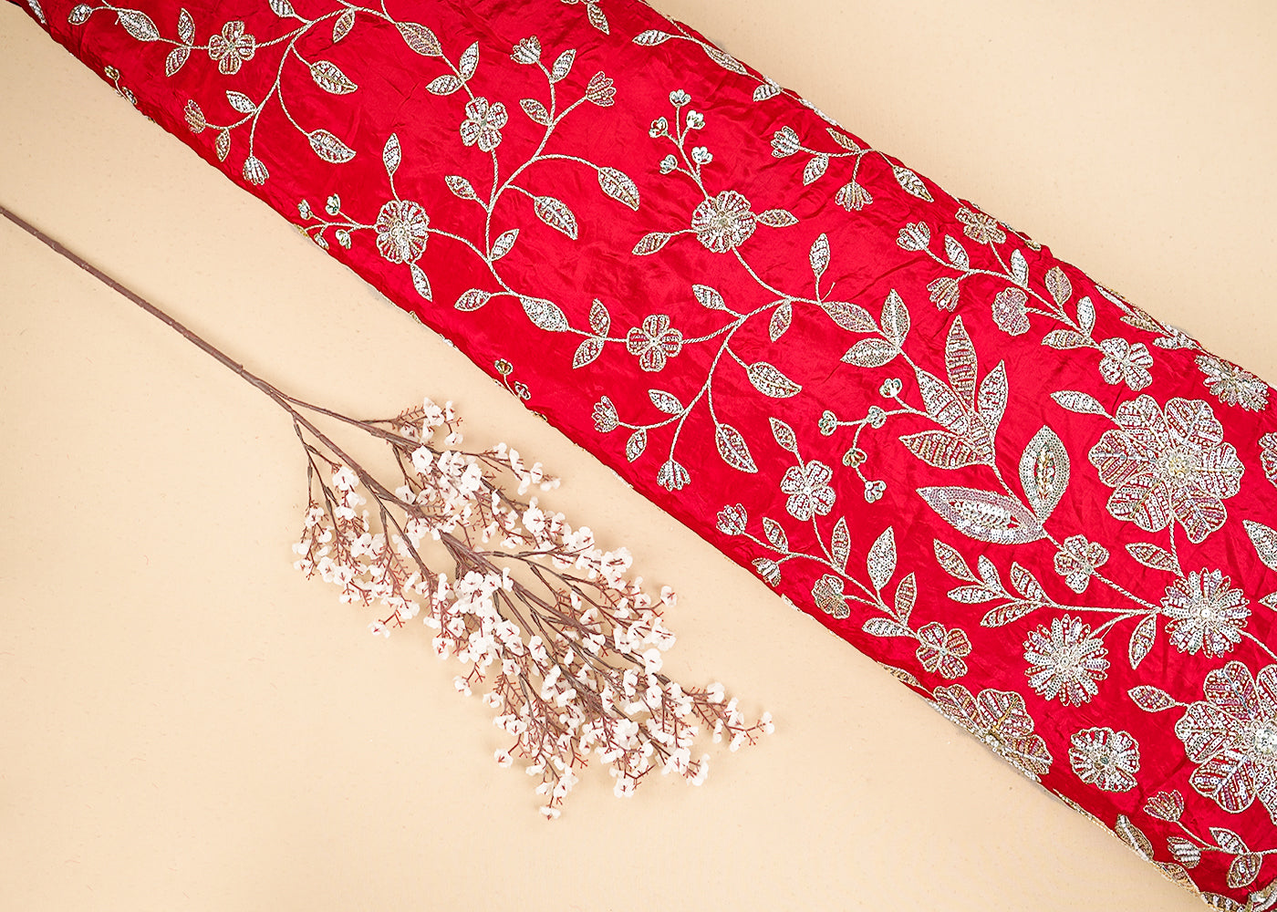 Red Crepe Fabric With All Over Sequins, Bead And Zari With One Side Scalloped Border 19948