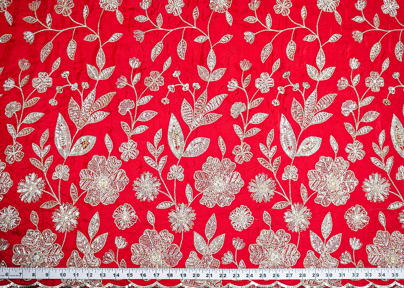 Red Crepe Fabric With All Over Sequins, Bead And Zari With One Side Scalloped Border 19948