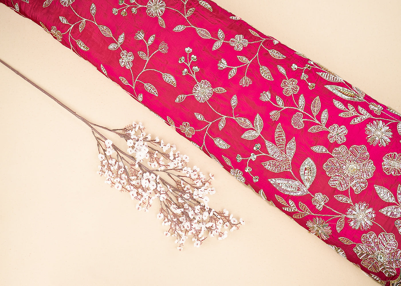 Rani Pink Crepe Fabric With All Over Sequins, Bead And Zari With One Side Scalloped Border 19949