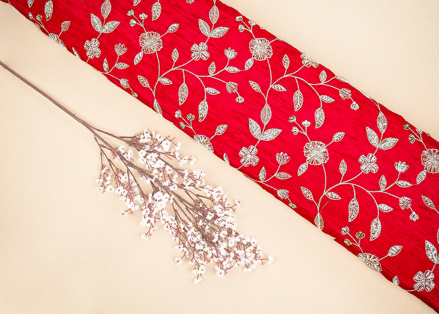 Red Crepe Fabric With All Over Sequins, Bead And Zari 19950