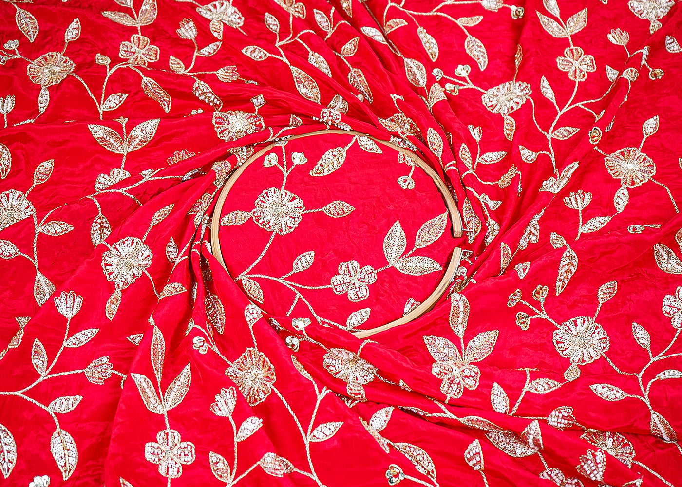 Red Crepe Fabric With All Over Sequins, Bead And Zari 19950