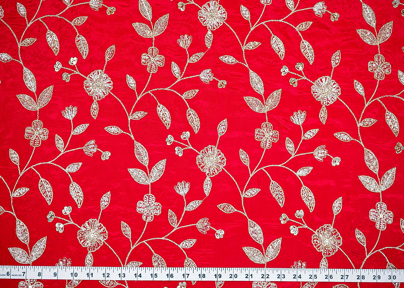 Red Crepe Fabric With All Over Sequins, Bead And Zari 19950