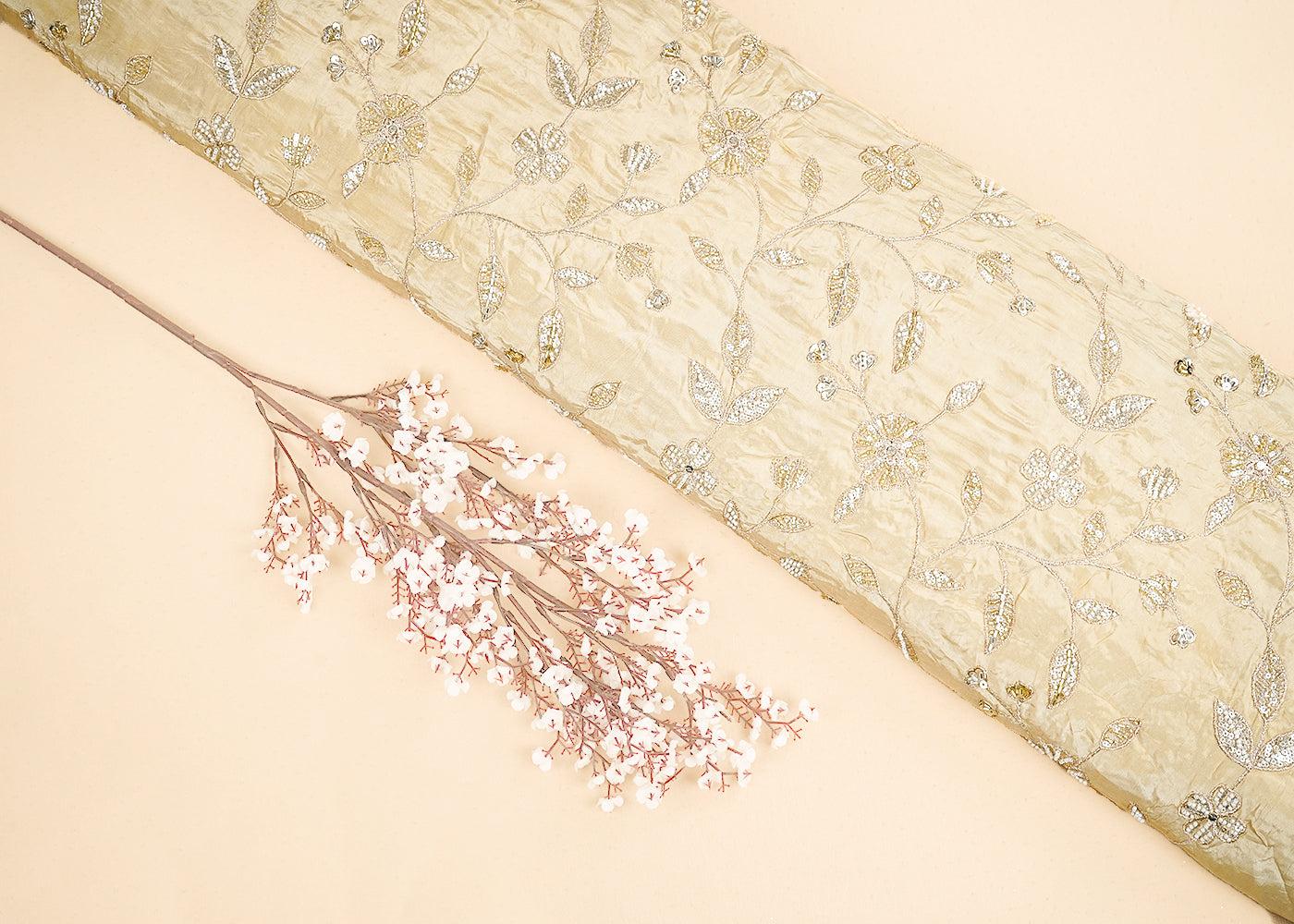 Cream Crepe Fabric With All Over Sequins, Bead And Zari 19951