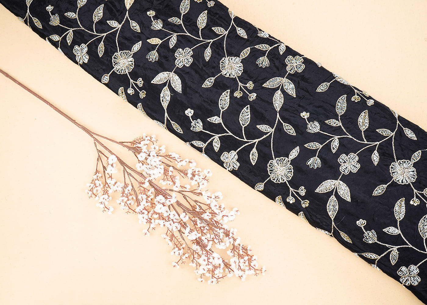 Black Crepe Fabric With All Over Sequins, Bead And Zari 19952