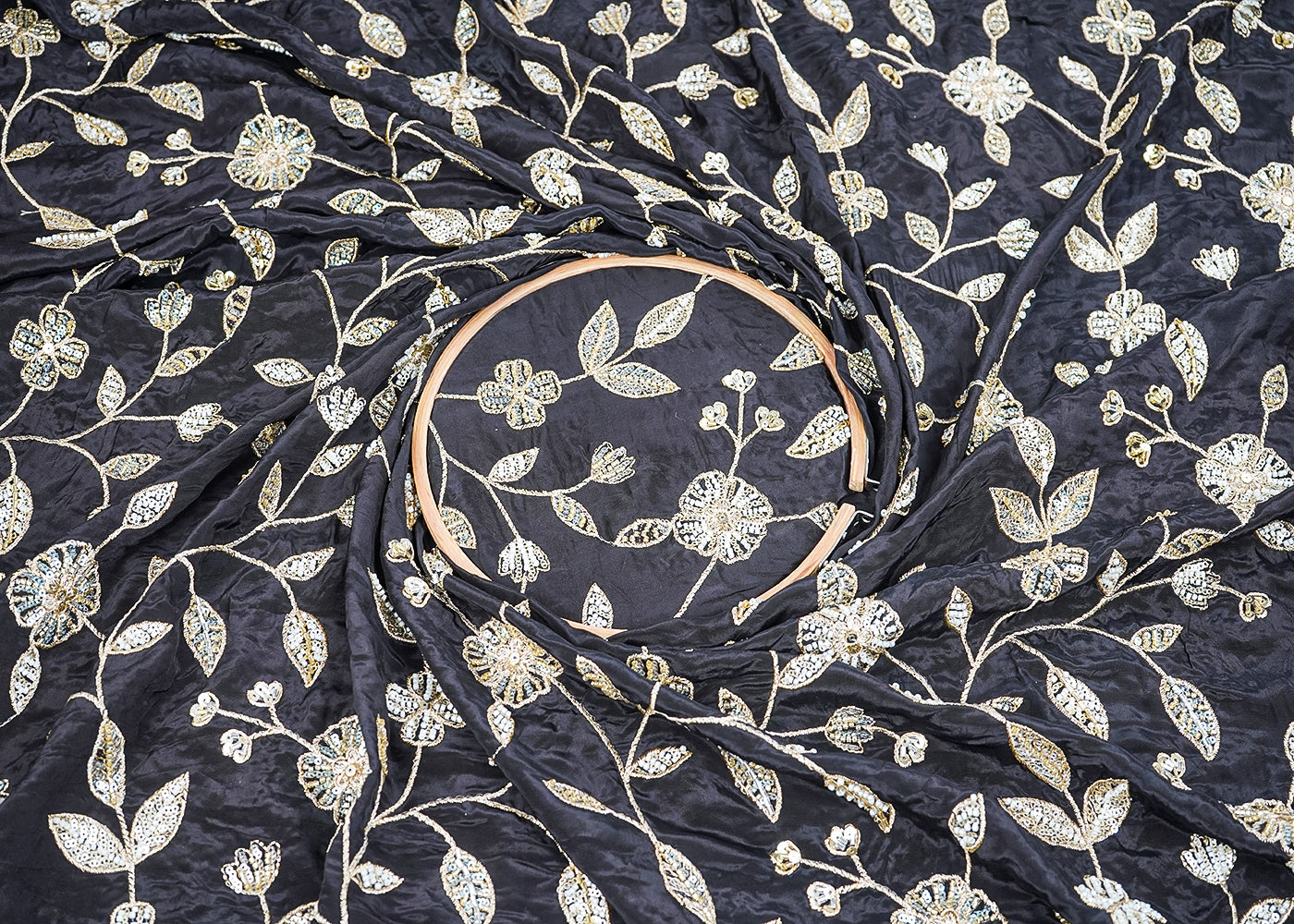 Black Crepe Fabric With All Over Sequins, Bead And Zari 19952