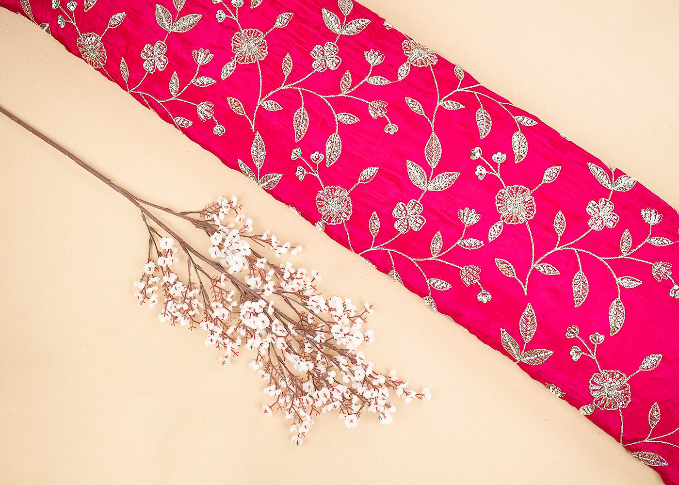 Rani Pink Crepe Fabric With All Over Sequins, Bead And Zari 19954