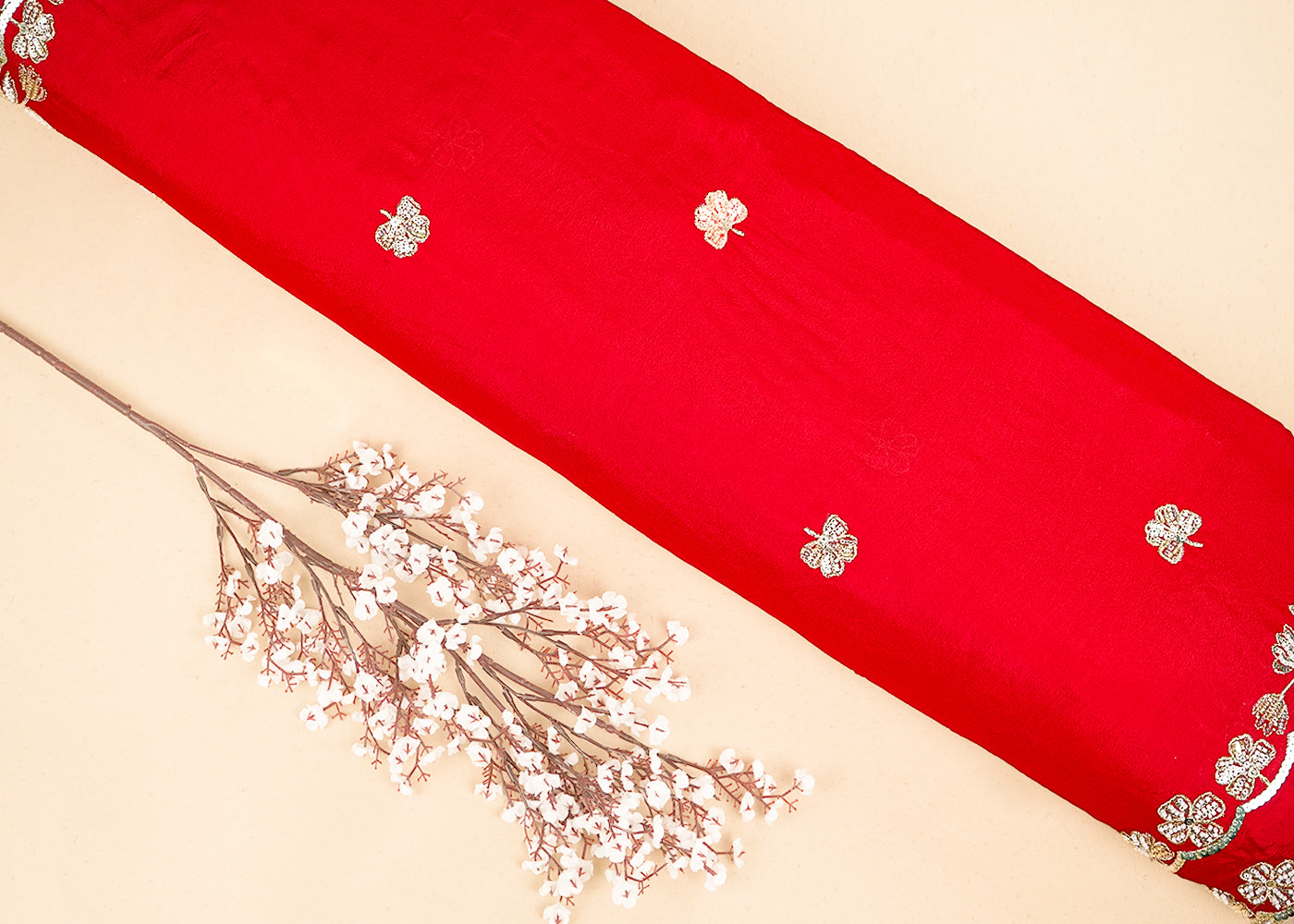 Red Chinon Chiffon Fabric With All Over Sequins, Bead And Zari With Two Side Border 19955