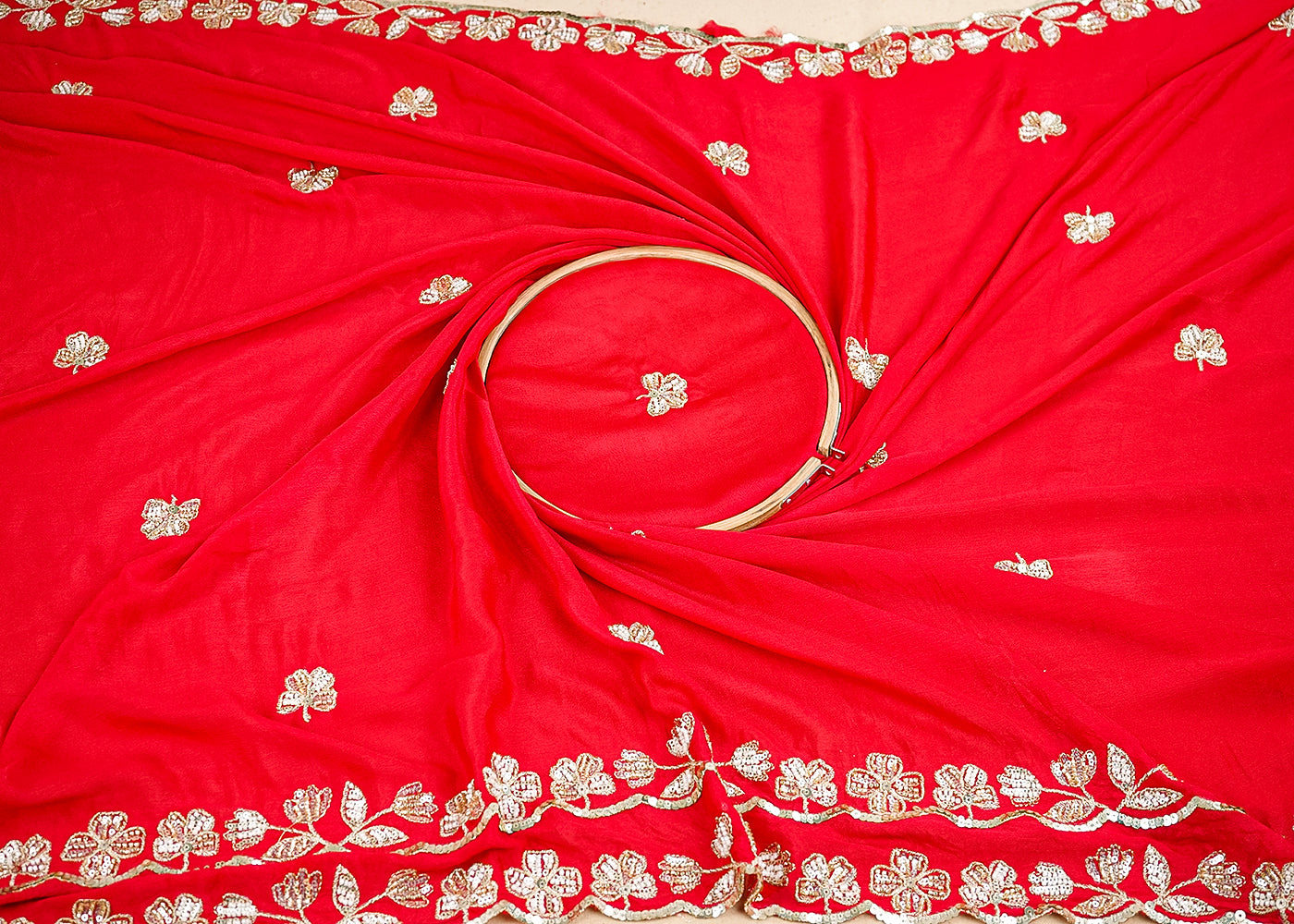 Red Chinon Chiffon Fabric With All Over Sequins, Bead And Zari With Two Side Border 19955