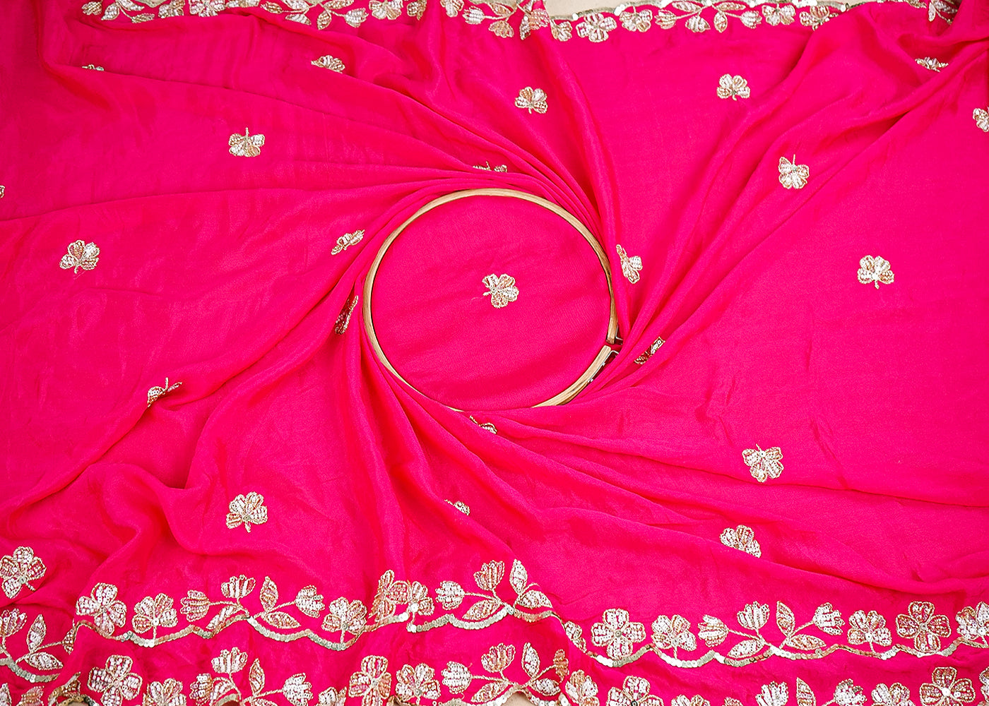 Rani Pink Chinon Chiffon Dupatta Fabric With All Over Sequins, Bead And Zari With Two Side Border 19956