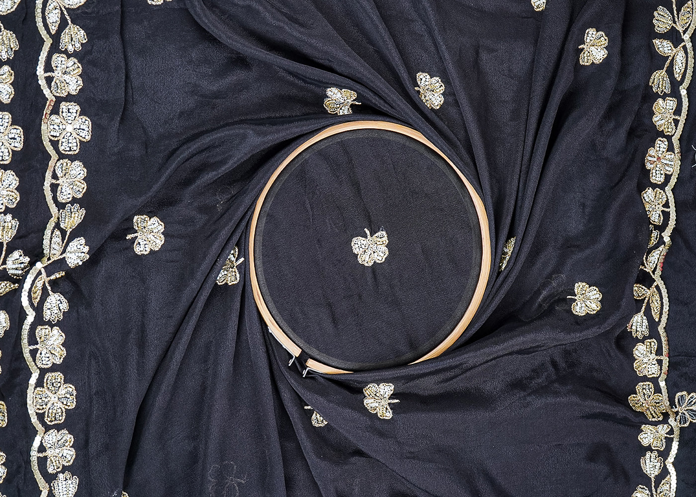 Black Chinon Chiffon Dupatta Fabric With All Over Sequins, Bead And Zari With Two Side Border 19957