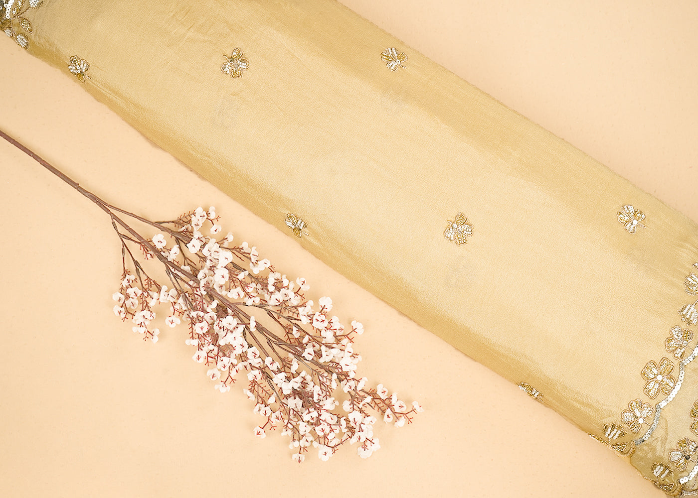 Cream Chinon Chiffon Dupatta Fabric With All Over Sequins, Bead And Zari With Two Side Border 19958