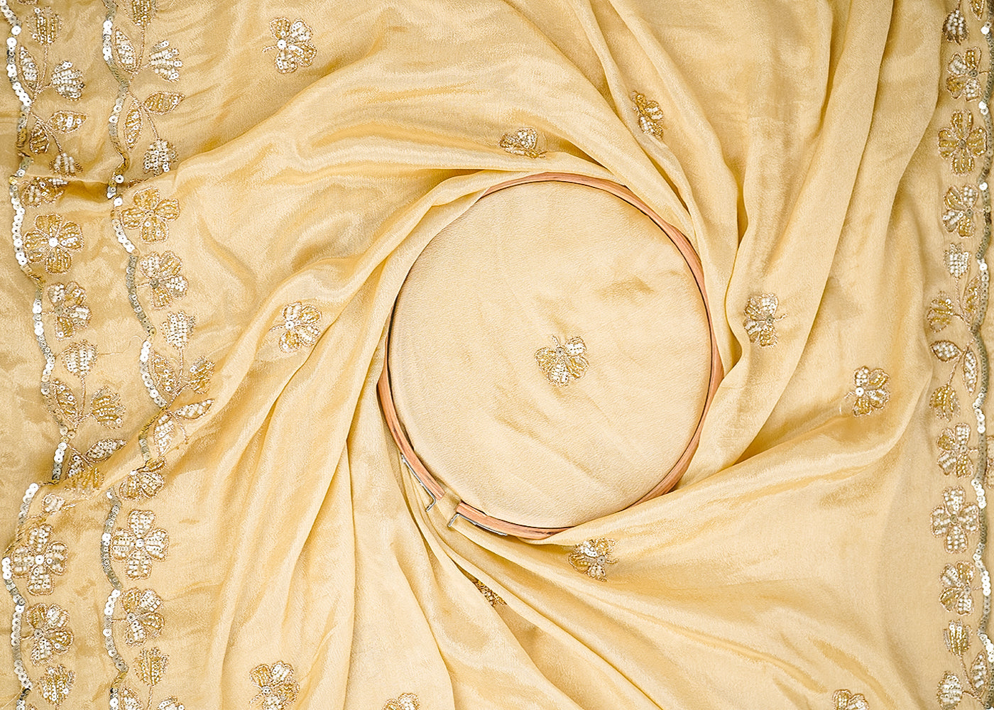 Cream Chinon Chiffon Dupatta Fabric With All Over Sequins, Bead And Zari With Two Side Border 19958