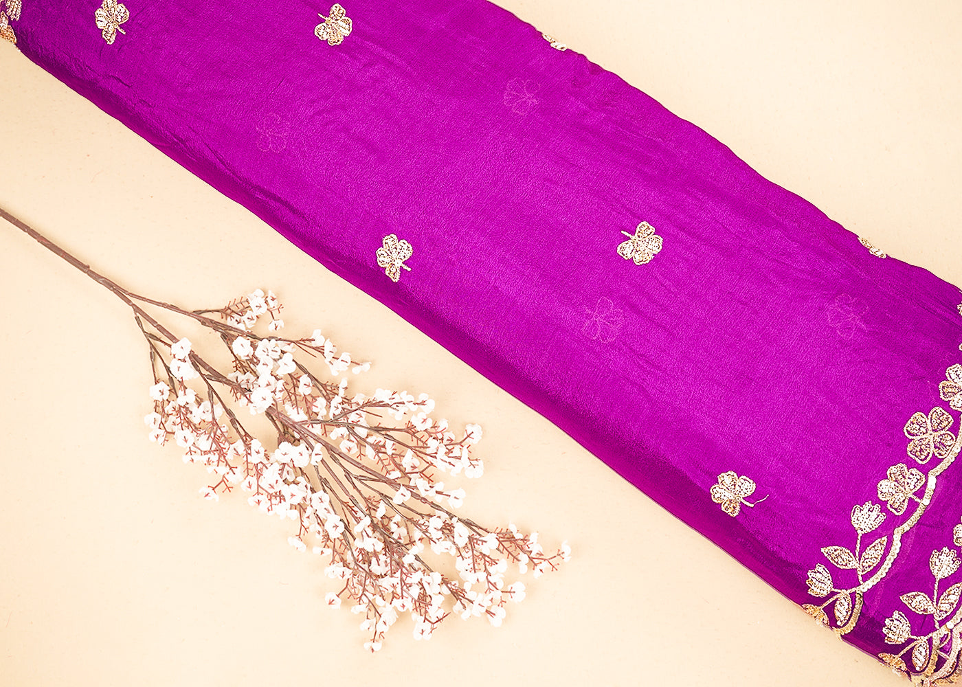 Purple Chinon Chiffon Dupatta Fabric With All Over Sequins, Bead And Zari With Two Side Border 19959