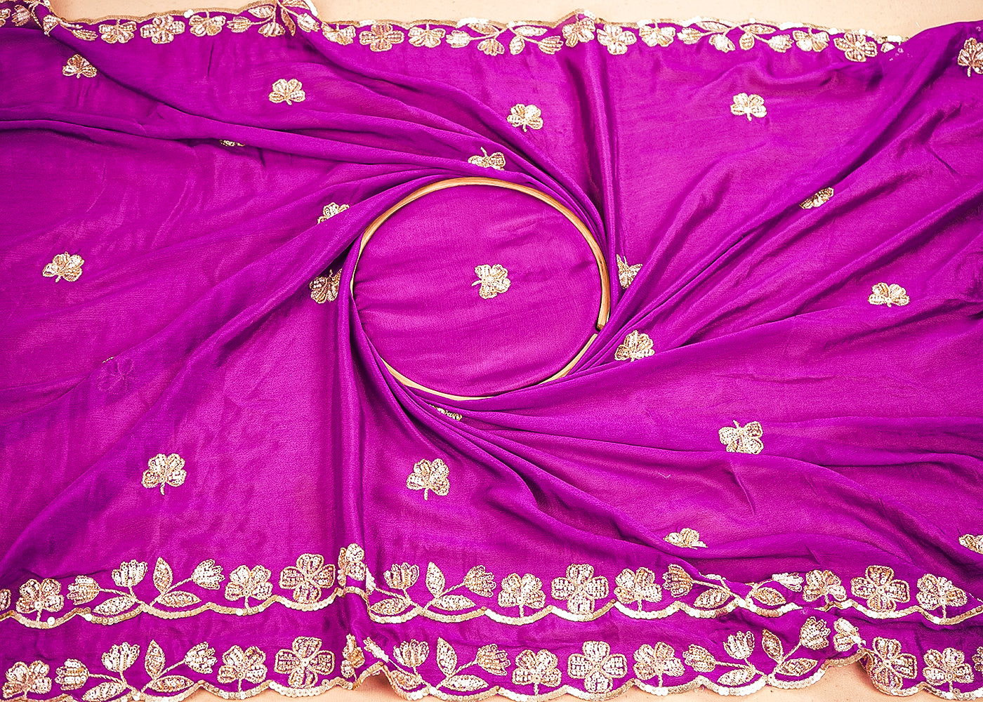 Purple Chinon Chiffon Dupatta Fabric With All Over Sequins, Bead And Zari With Two Side Border 19959