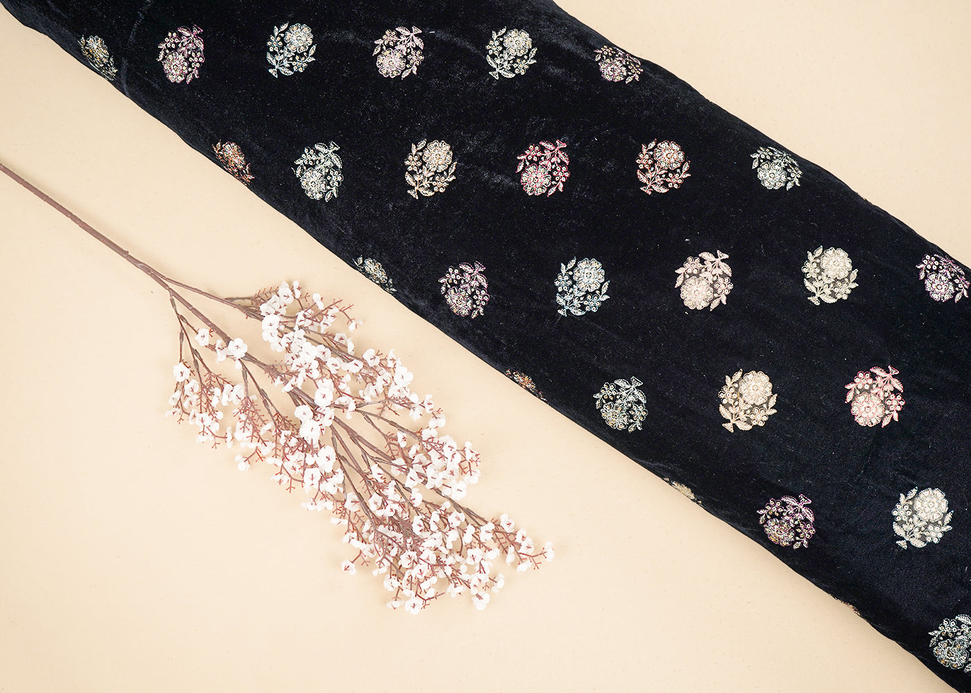 Black Velvet Fabric With All Over Buti Of Sequins And Zari Work 19960
