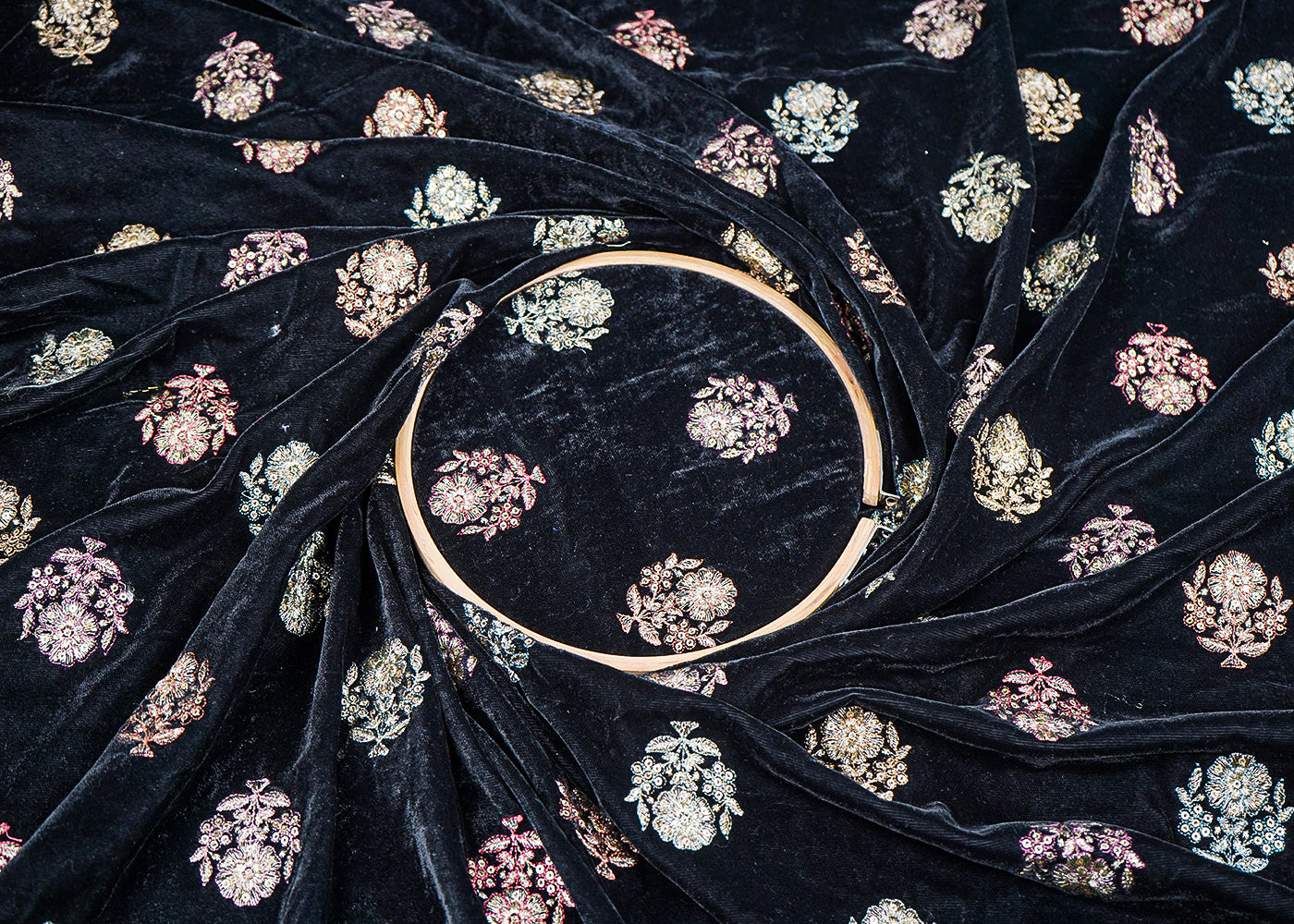 Black Velvet Fabric With All Over Buti Of Sequins And Zari Work 19960