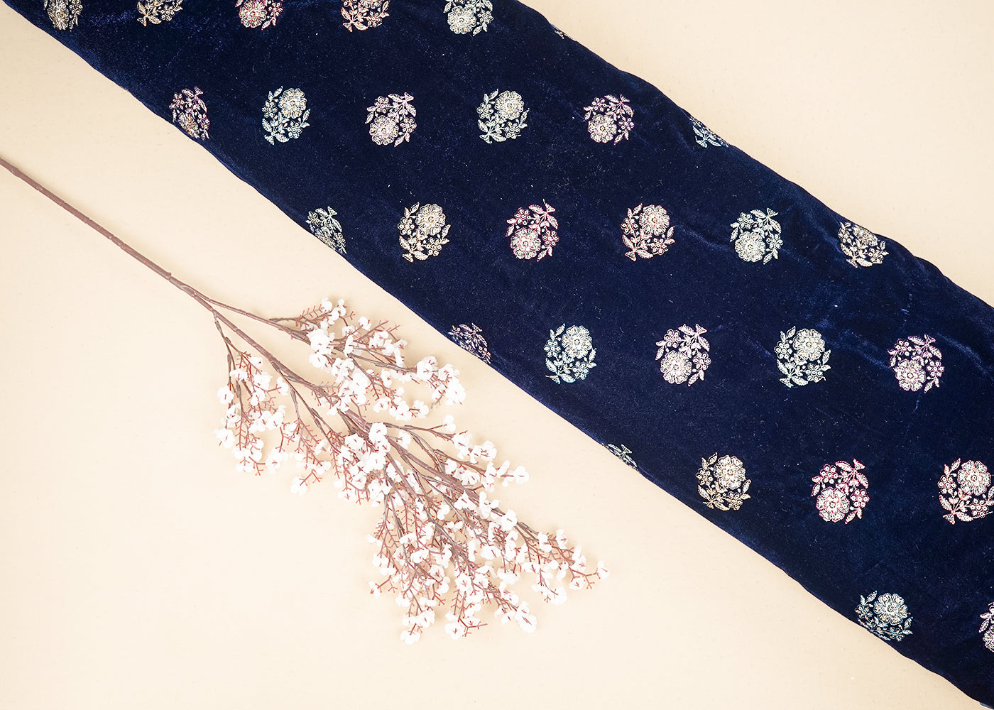 Navy Blue Velvet Fabric With All Over Buti Of Sequins And Zari Work 19961