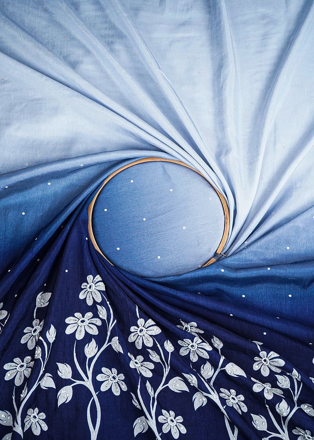 Navy Blue Dola Silk Fabric With All Over Ombre Shade And Floral Print With Bead And Sequins Work 19964