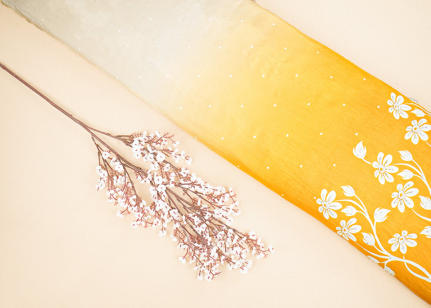 Yellow Dola Silk Fabric With All Over Ombre Shade And Floral Print With Bead And Sequins Work 19966