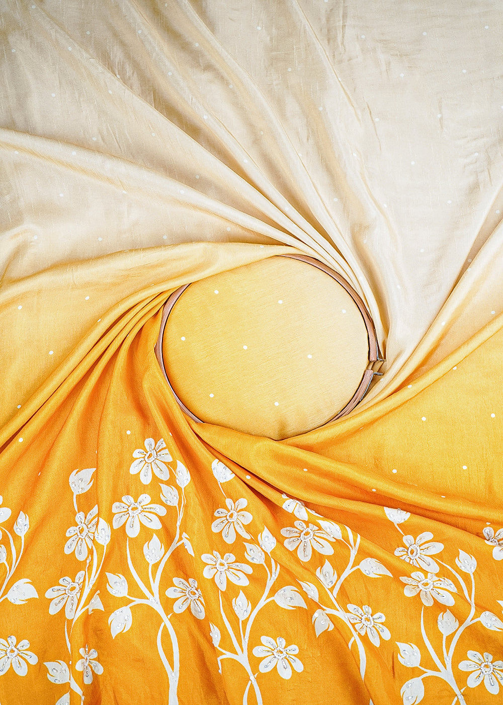 Yellow Dola Silk Fabric With All Over Ombre Shade And Floral Print With Bead And Sequins Work 19966