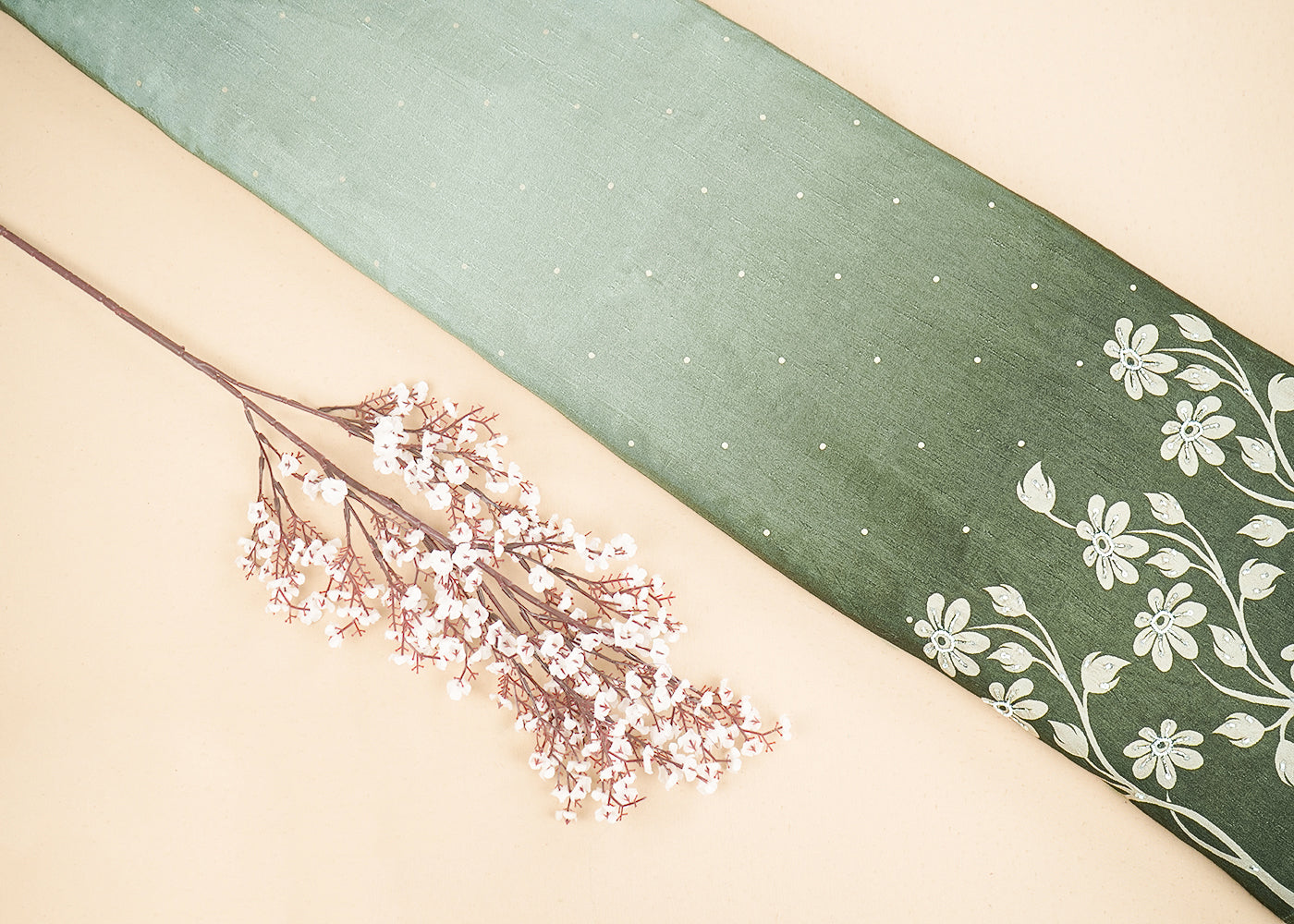 Olive Green Dola Silk Fabric With All Over Ombre Shade And Floral Print With Bead And Sequins Work 19967