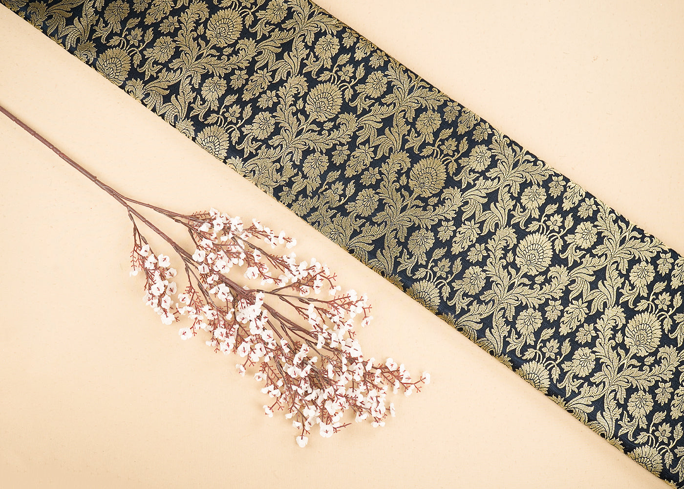 Black Banarasi Brocade Fabric With All Over Golden Zari Handloom 19968