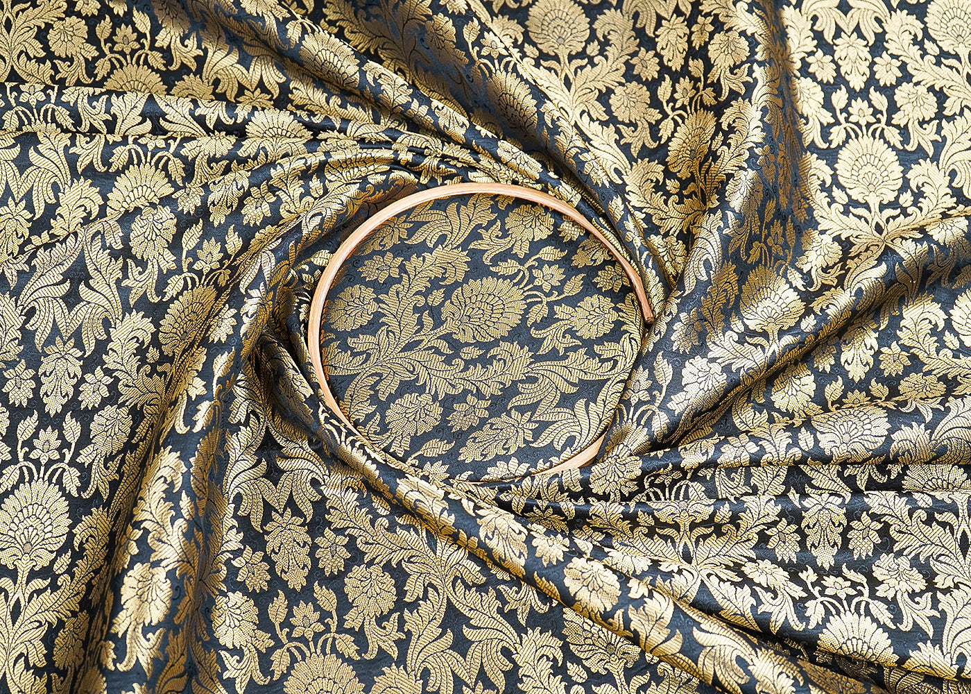 Black Banarasi Brocade Fabric With All Over Golden Zari Handloom 19968