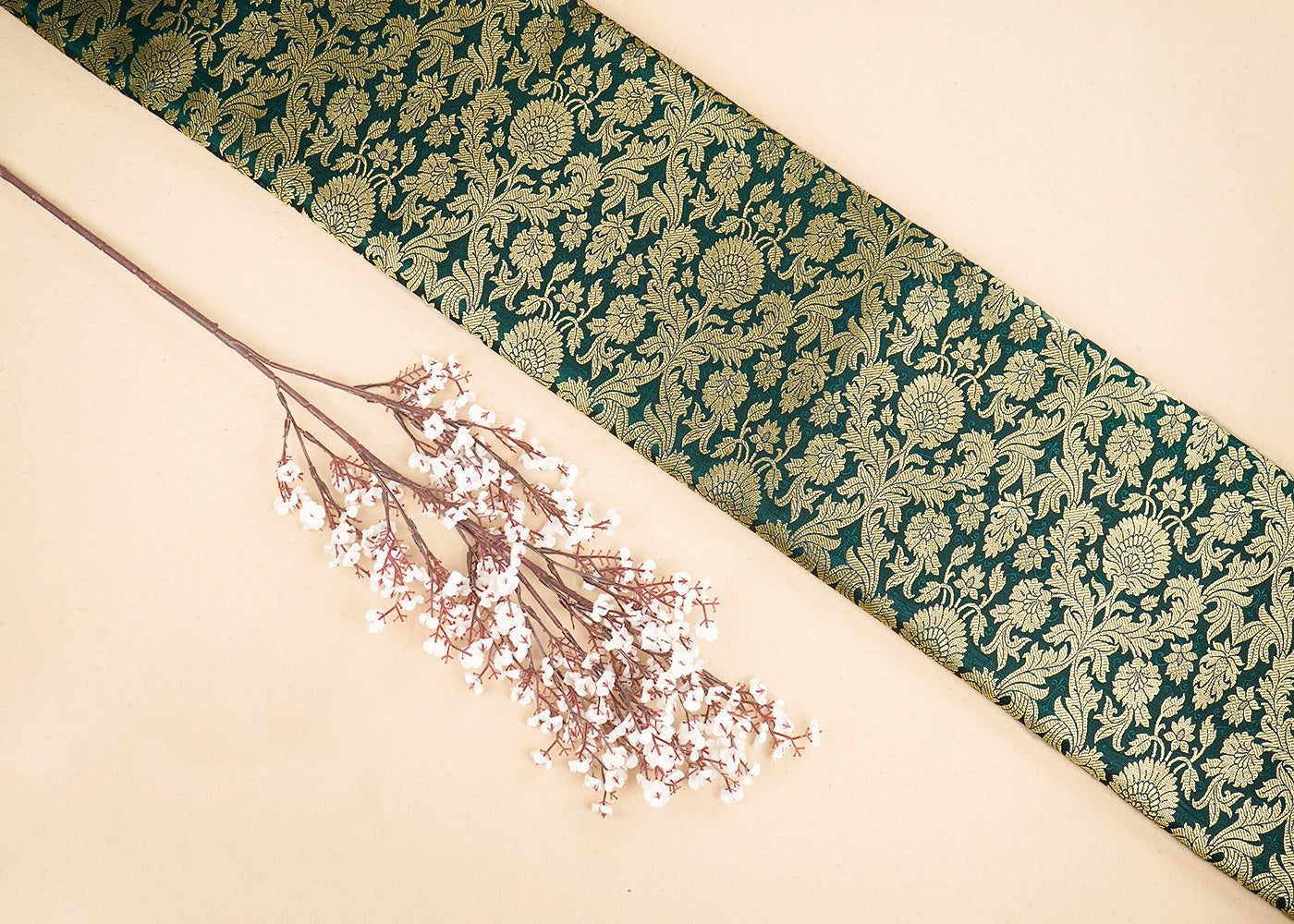 Bottle Green Banarasi Brocade Fabric With All Over Golden Zari Handloom 19969