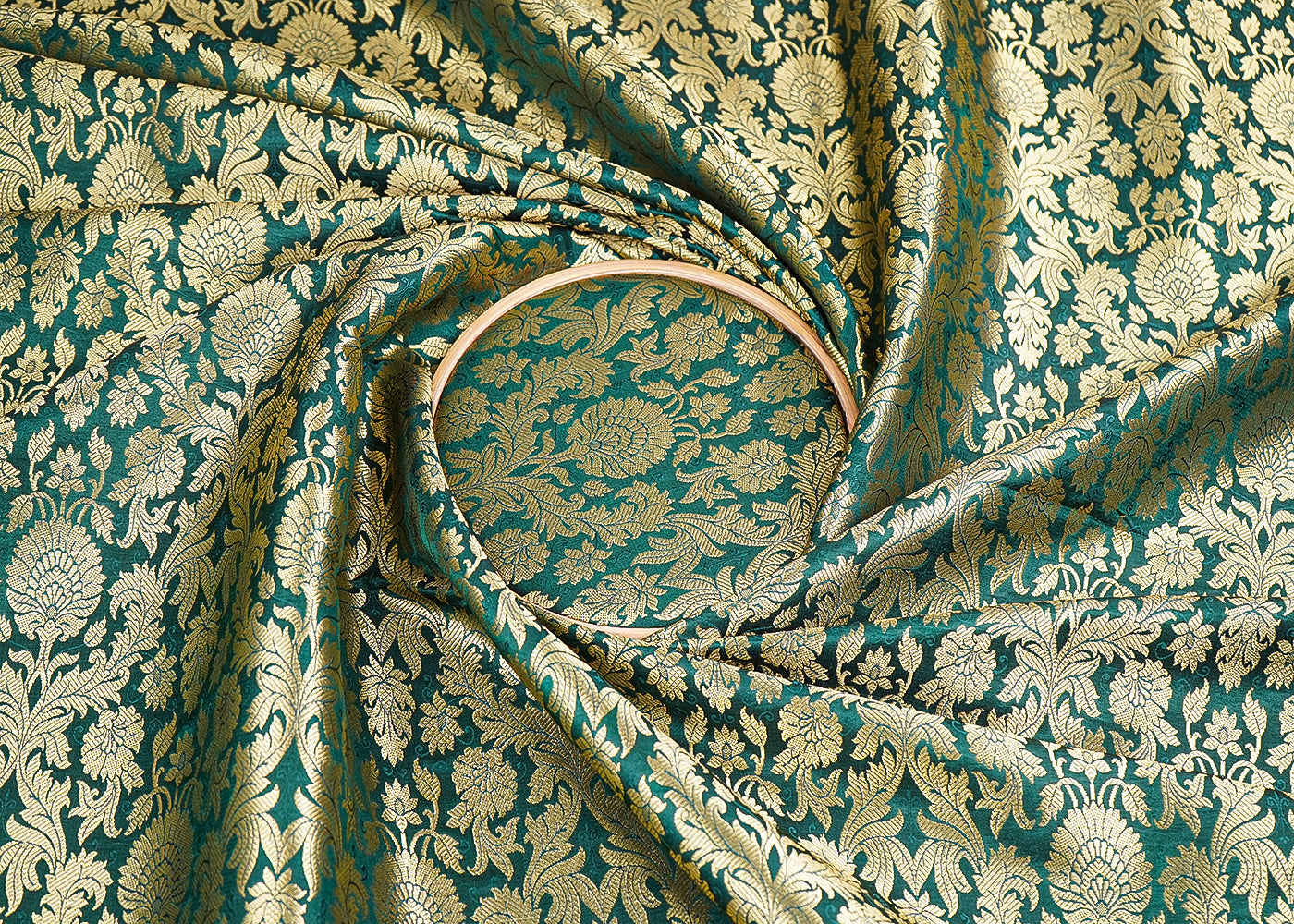 Bottle Green Banarasi Brocade Fabric With All Over Golden Zari Handloom 19969