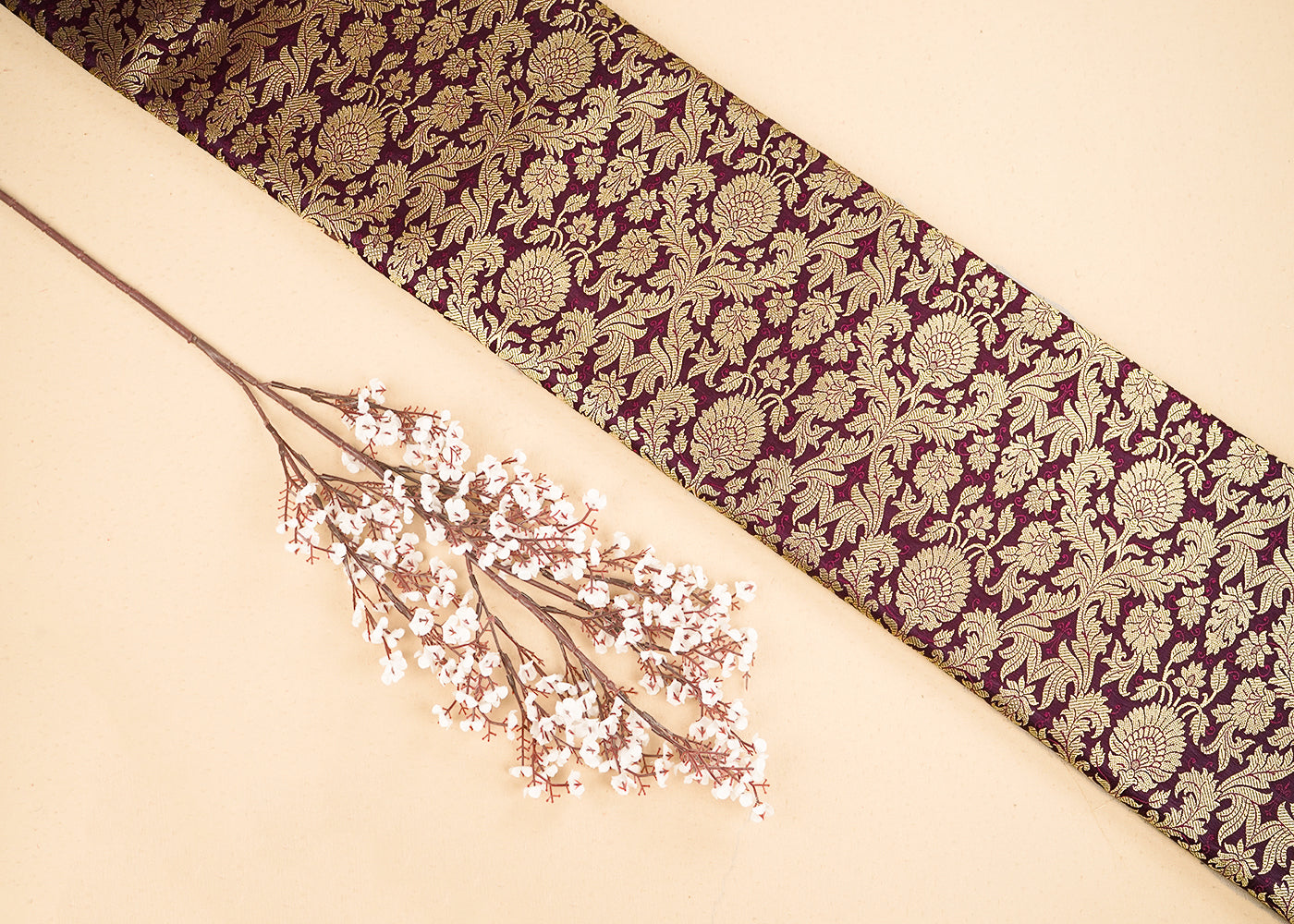 Maroon Banarasi Brocade Fabric With All Over Golden Zari Handloom 19972