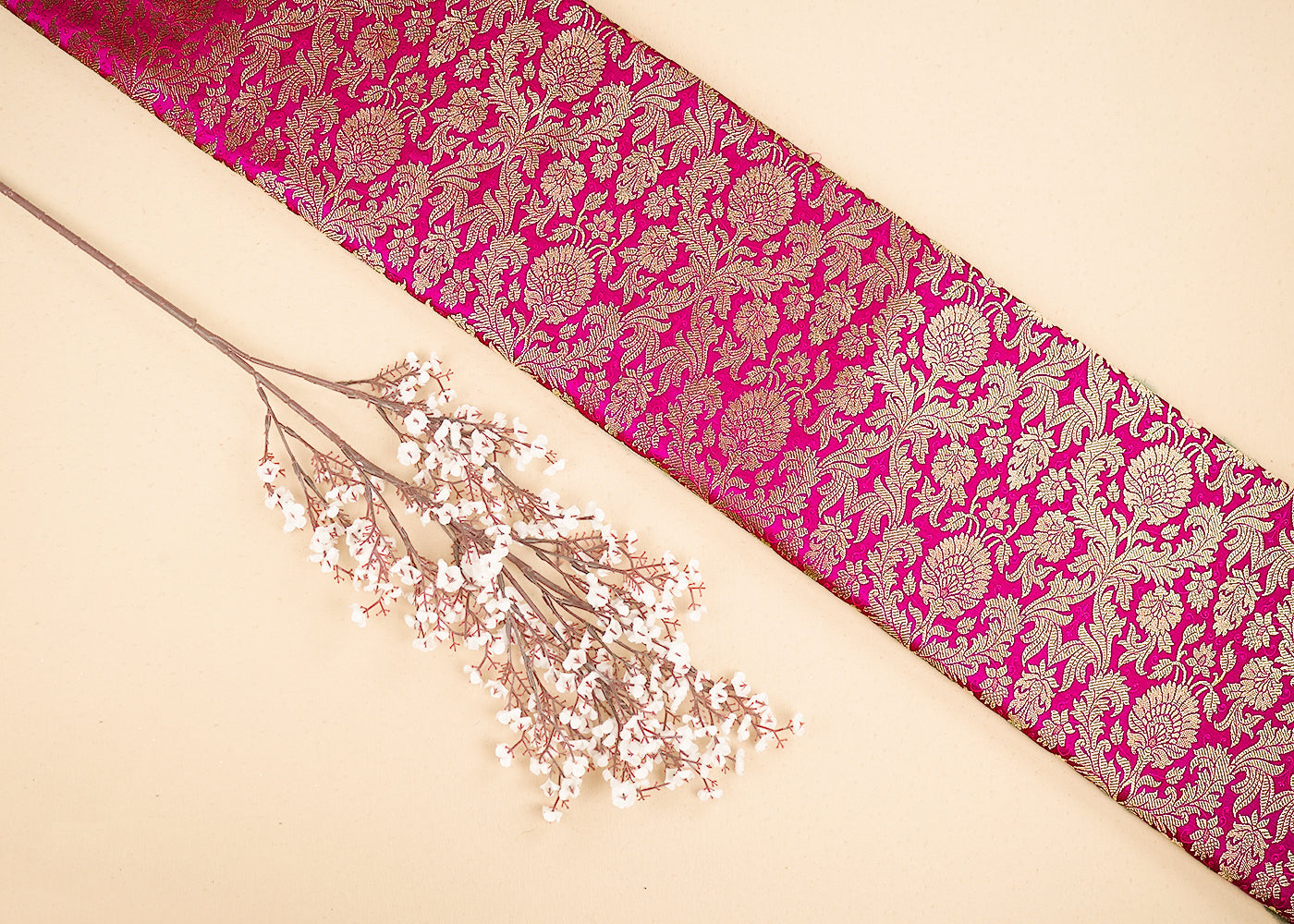 Rani Pink Banarasi Brocade Fabric With All Over Golden Zari Handloom 19973