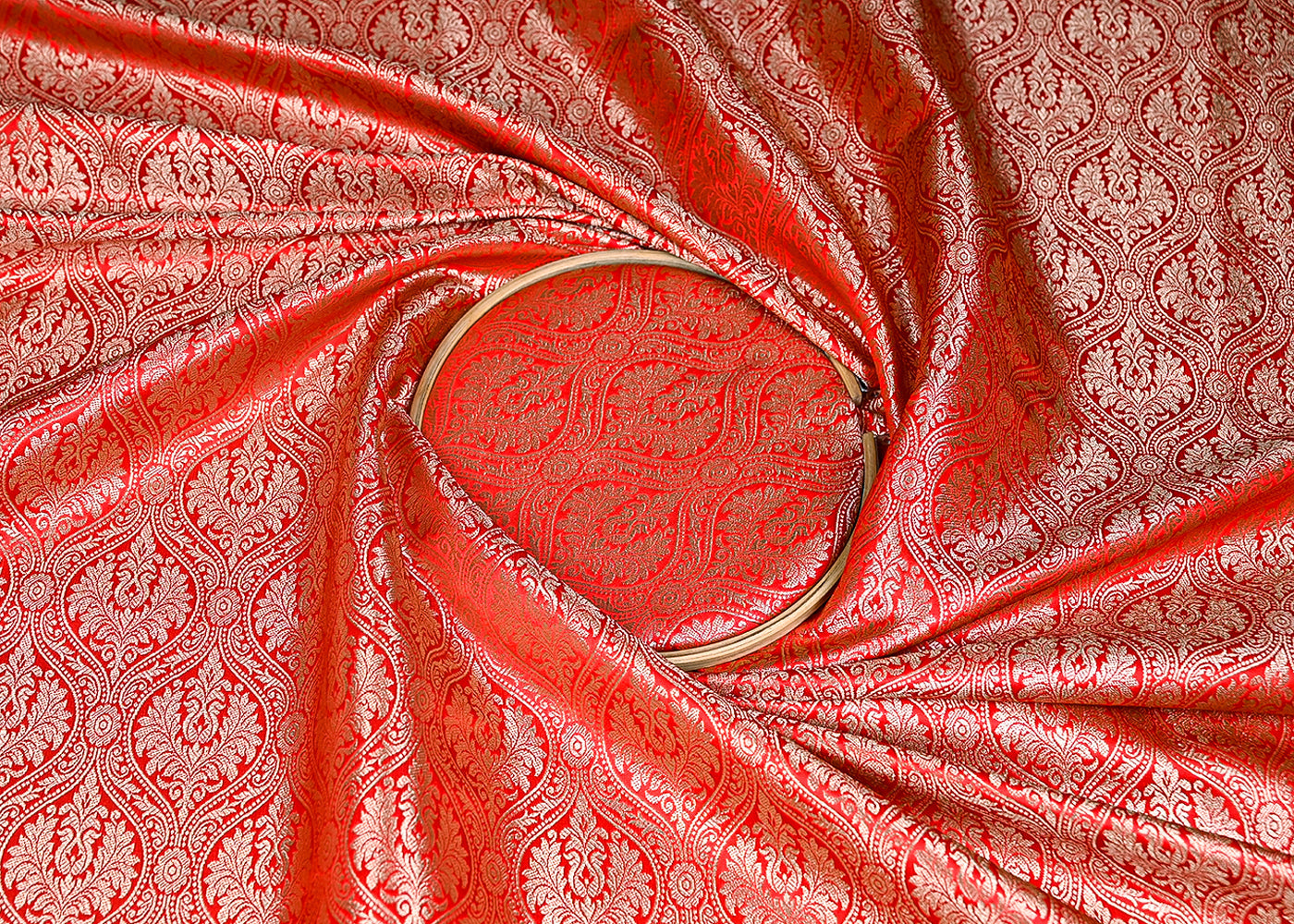 Red Banarasi Brocade Fabric With Zari Handloom 19975