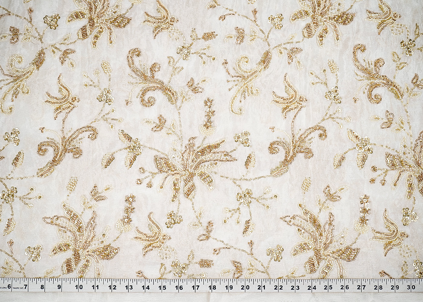 White Chinon Chiffon Fabric With All Over Katdana, Sequins And Bead Work 19981