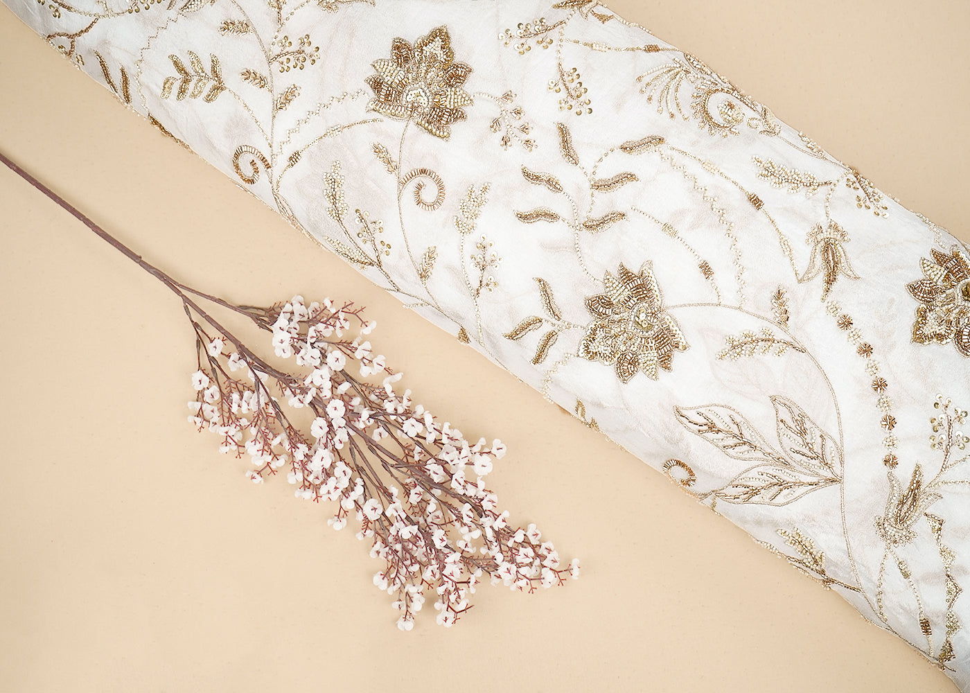 White Chinon Chiffon Fabric With All Over Katdana, Sequins And Bead Work 19982