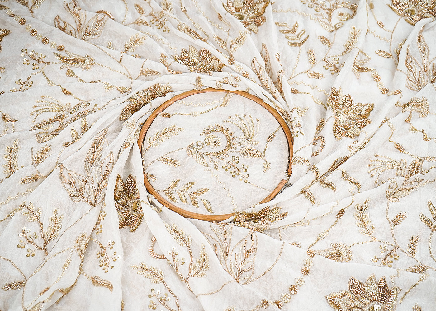 White Chinon Chiffon Fabric With All Over Katdana, Sequins And Bead Work 19982