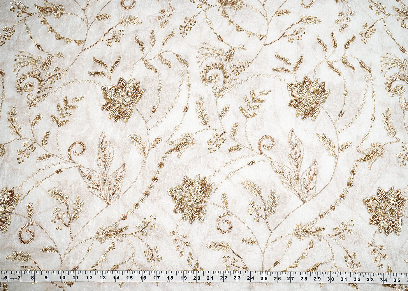 White Chinon Chiffon Fabric With All Over Katdana, Sequins And Bead Work 19982