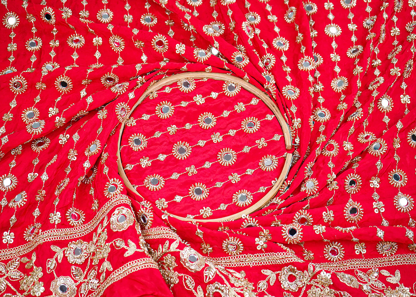 Red Crepe Fabric With All Over Sequins, Katdana, Zari, Mirror And Bead Work With One Side Border 19990
