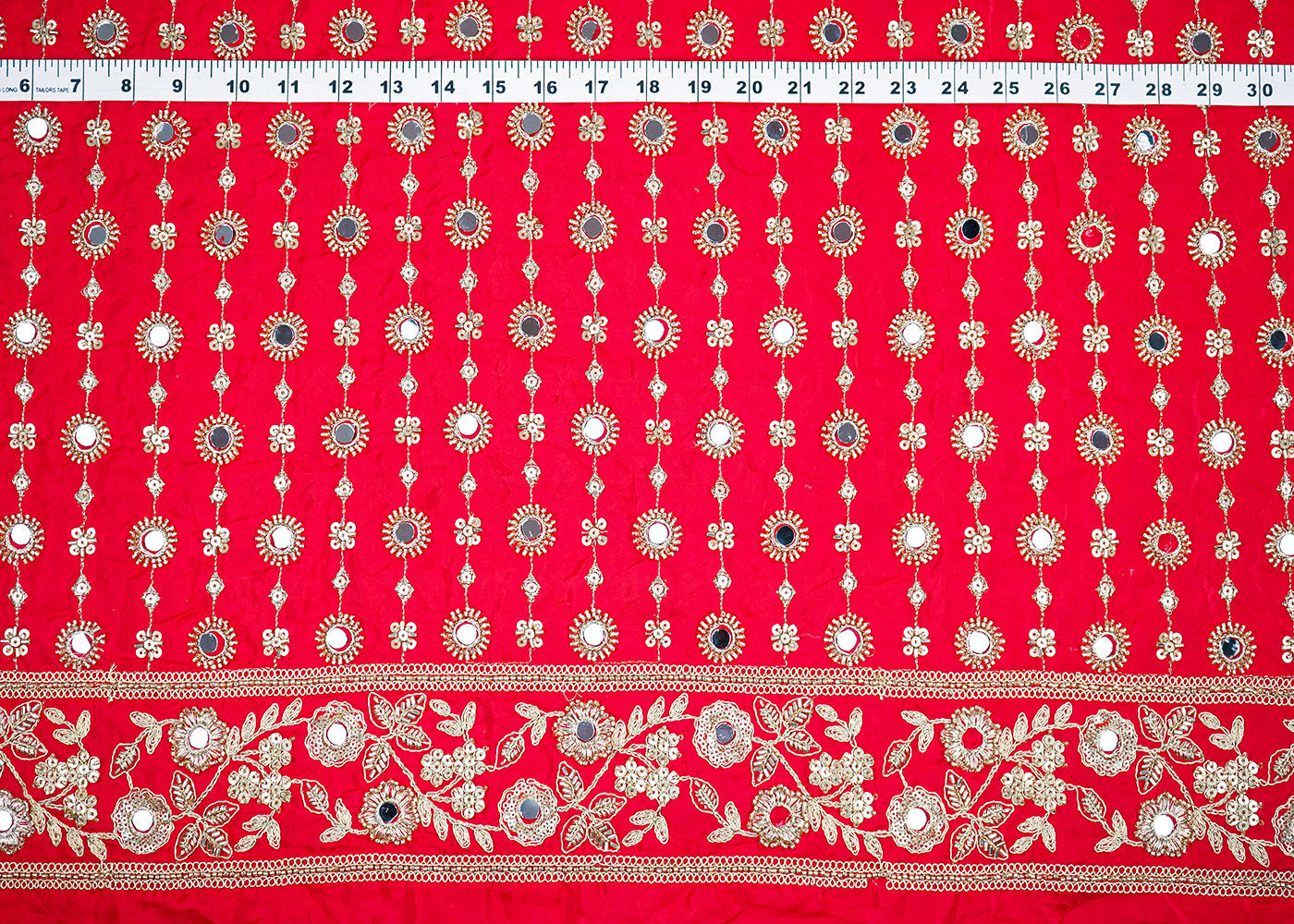 Red Crepe Fabric With All Over Sequins, Katdana, Zari, Mirror And Bead Work With One Side Border 19990