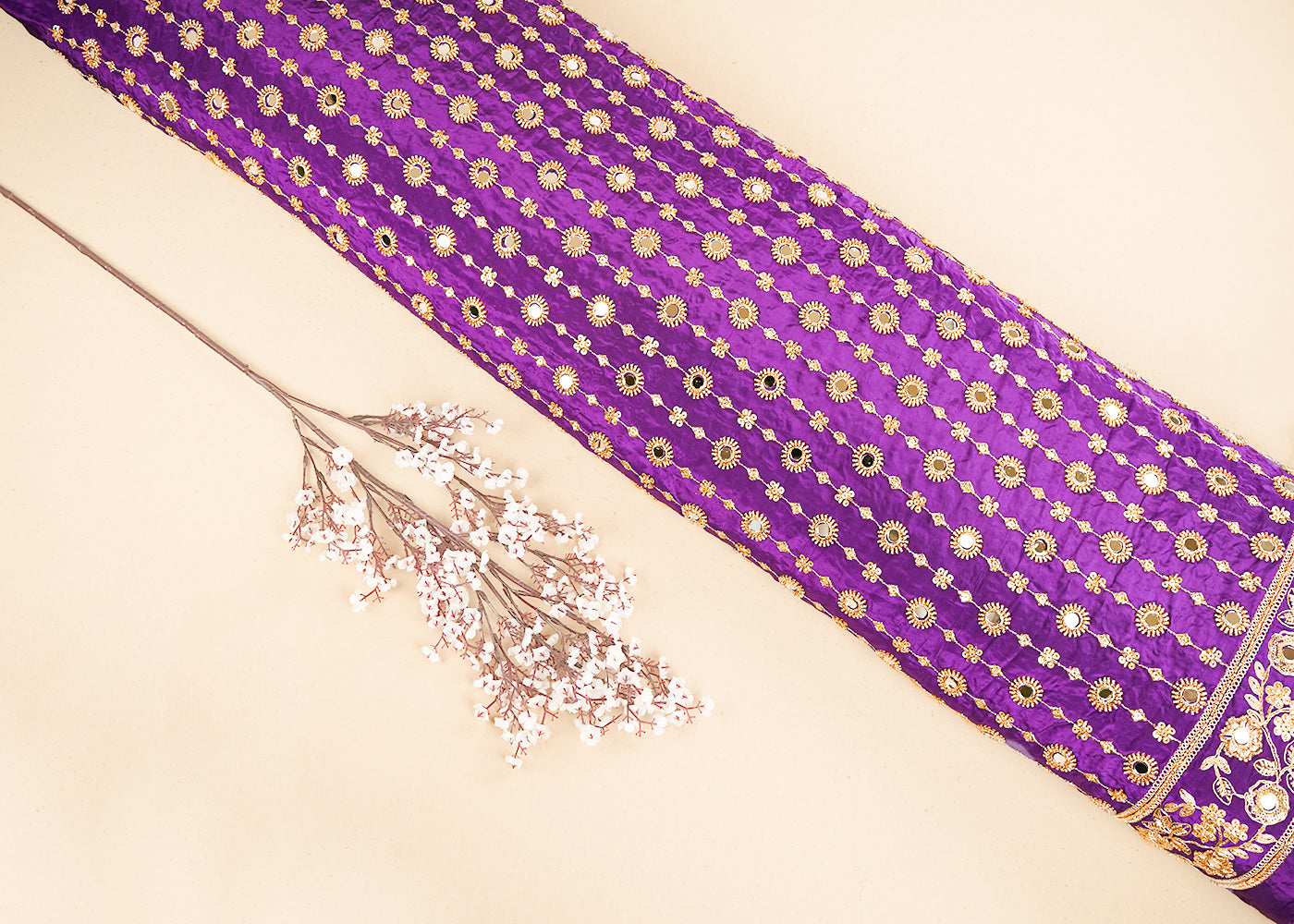 Purple Crepe Fabric With All Over Sequins, Katdana, Zari, Mirror And Bead Work With One Side Border 19991