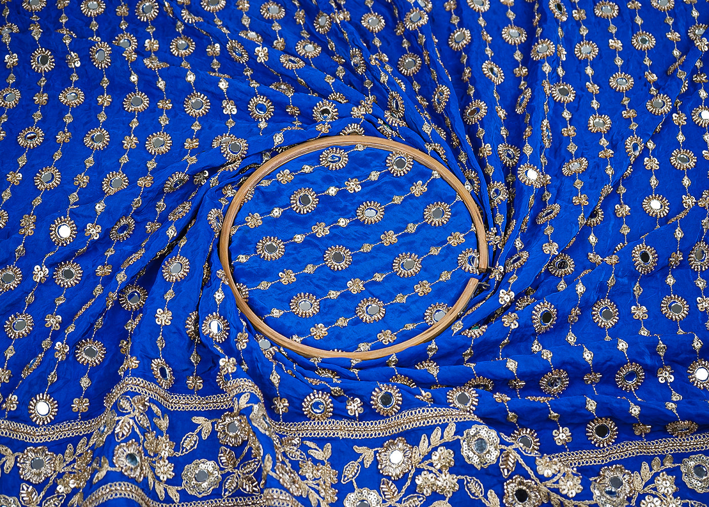 Roya Blue Crepe Fabric With All Over Sequins, Katdana, Zari, Mirror And Bead Work With One Side Border 19992