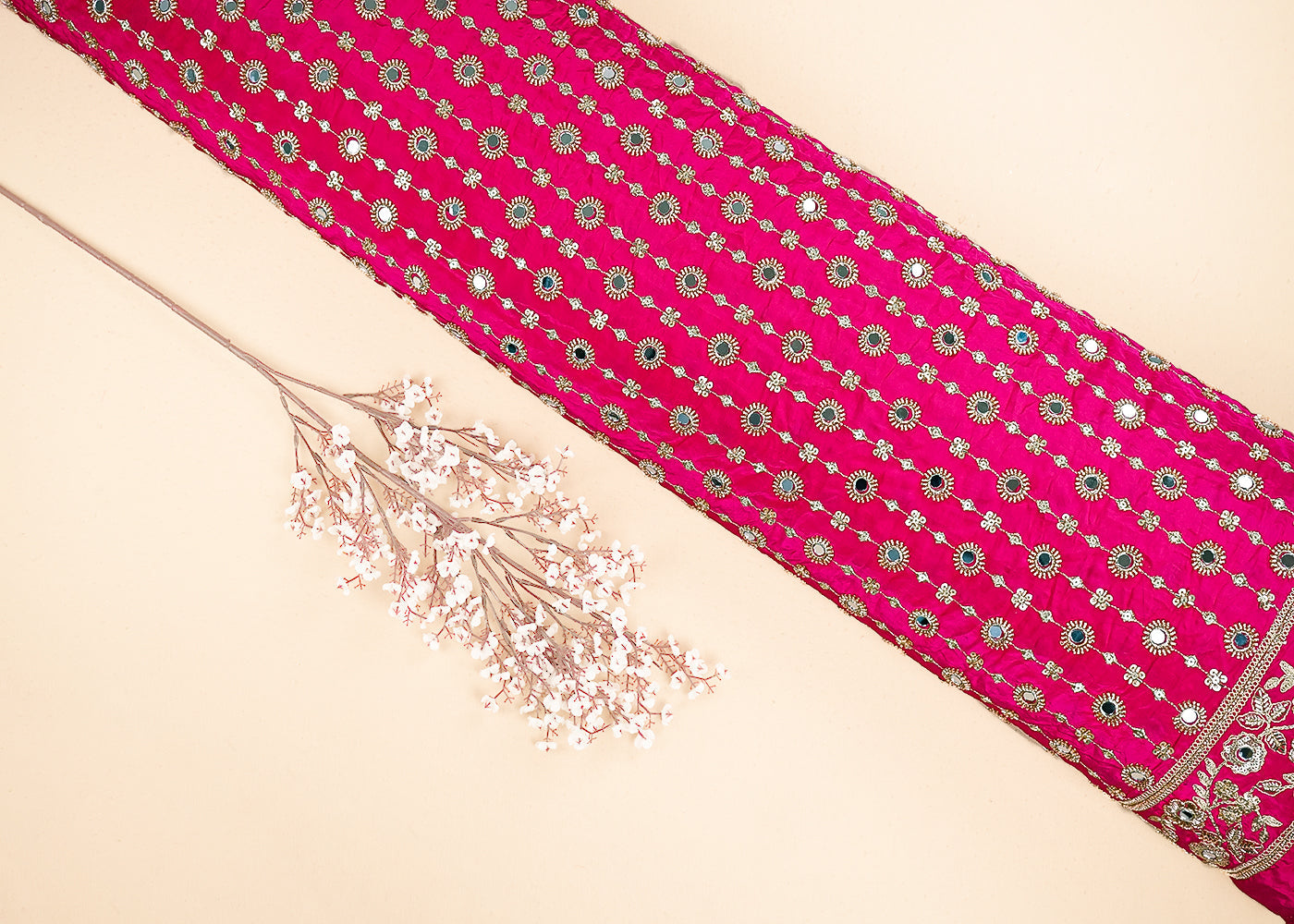 Rani Pink Crepe Fabric With All Over Sequins, Katdana, Zari, Mirror And Bead Work With One Side Border 19993