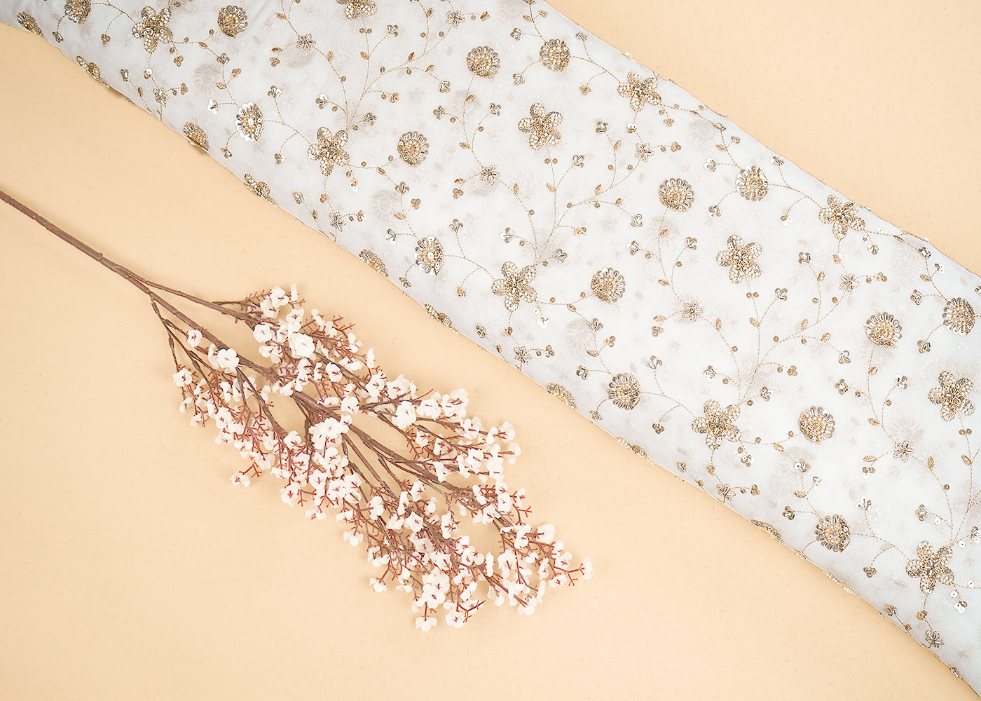 White Georgette Fabric With All Over Zari, Sequins, Katdana And Bead Work With One Side Border 19994