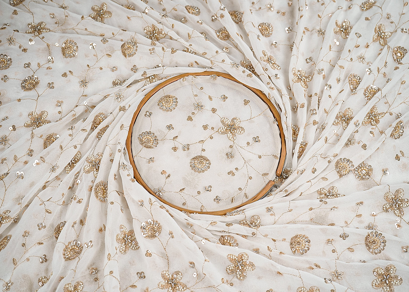 White Georgette Fabric With All Over Zari, Sequins, Katdana And Bead Work With One Side Border 19994