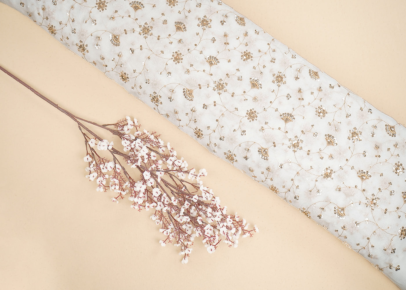 White Georgette Fabric With All Over Zari, Sequins, Katdana And Bead Work With One Side Border 19995